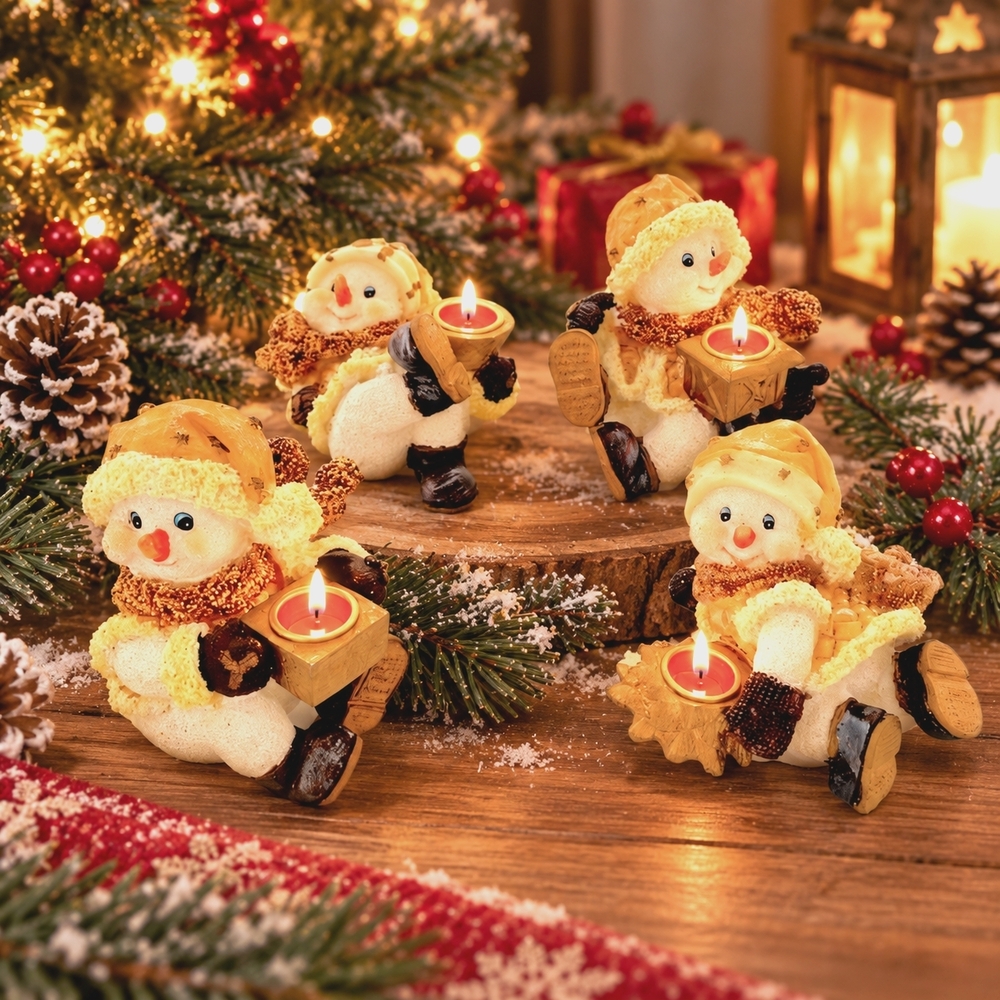 4x Snowman Candle Holder Ceramic Gold Glitter Christmas Decor Set 4" NIB